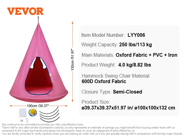 VEVOR kids nest swing chair in pink, ø100x100x132 cm, semi-closed, 250 lbs capacity.