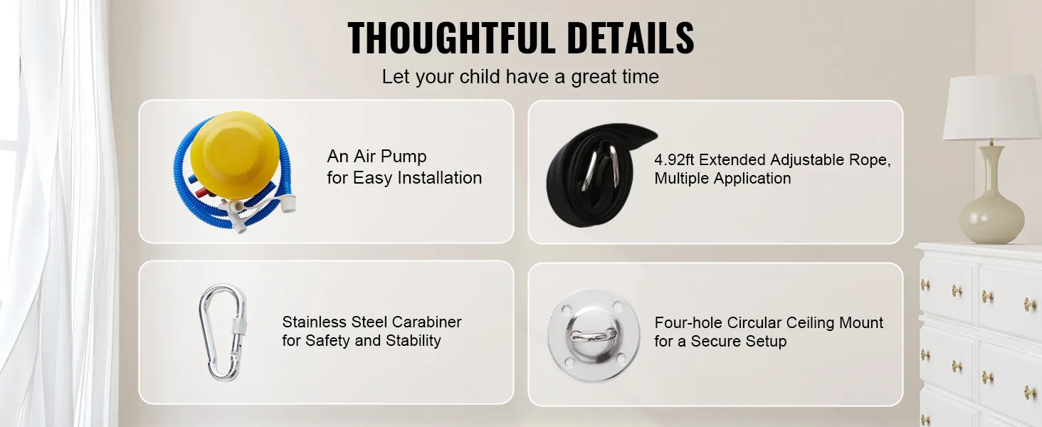 VEVOR kids nest swing chair accessories: air pump, adjustable rope, stainless steel carabiner, ceiling mount