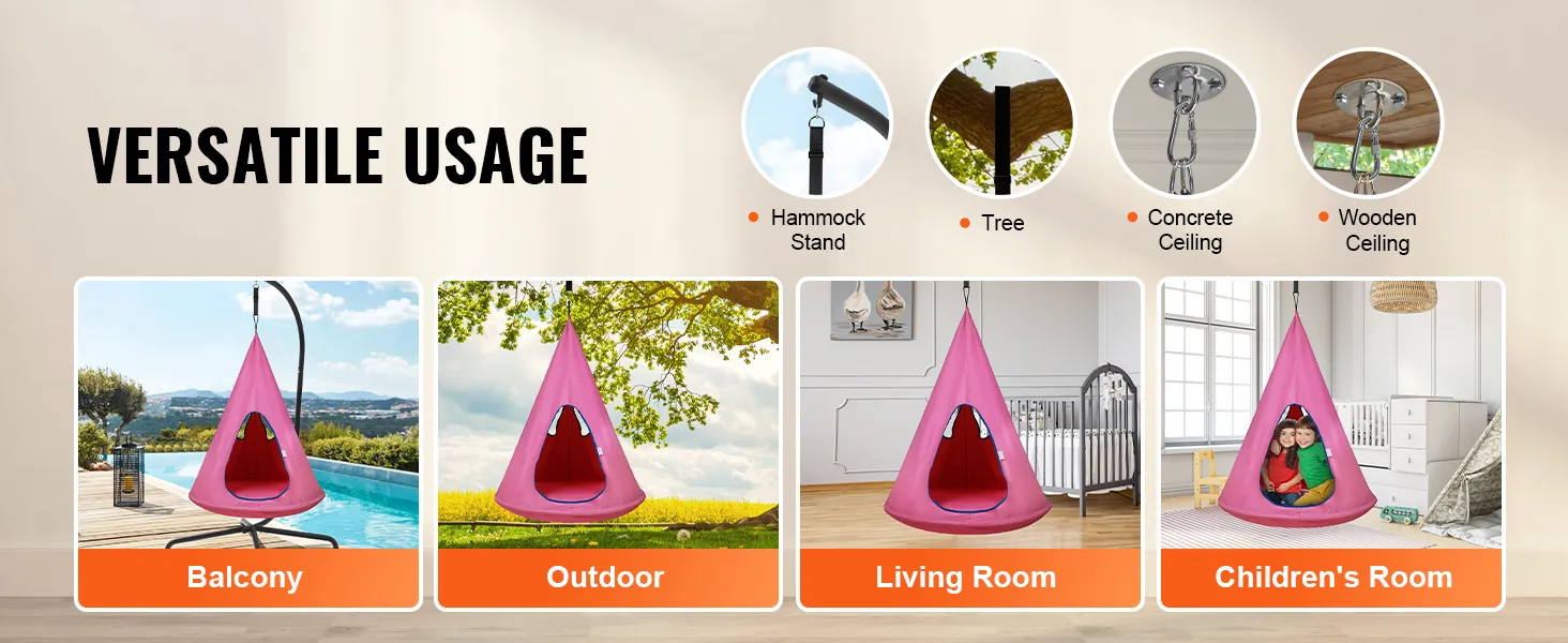 VEVOR kids nest swing chair in pink, shown in balcony, outdoor, living room, and children's room settings.