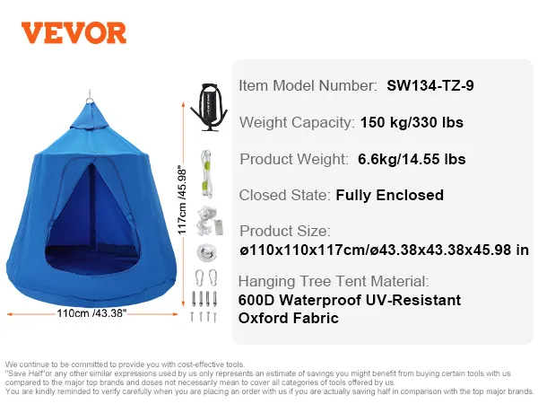 Namiot wiszący VEVOR o udźwigu 150 kg, tkanina 600D odporna na promieniowanie UV i akcesoria. Model sw134-tz-9.