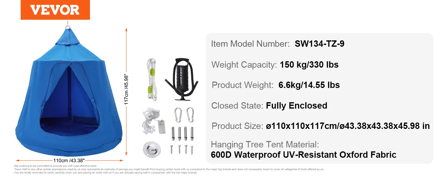 Namiot wiszący VEVOR o udźwigu 150 kg, tkanina 600D odporna na promieniowanie UV i akcesoria. Model sw134-tz-9.