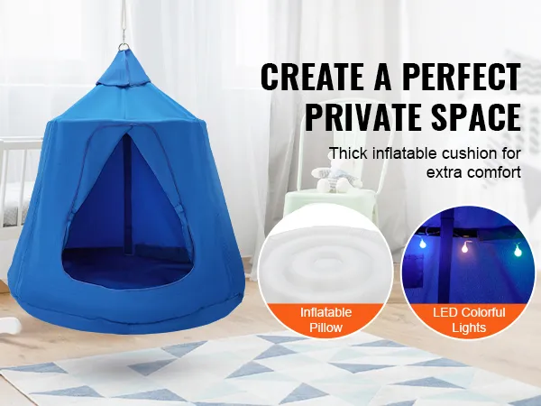 Namiot wiszący na drzewie VEVOR w przytulnym pokoju, wyposażony w nadmuchiwaną poduszkę, wewnętrzne kieszenie i światła LED.