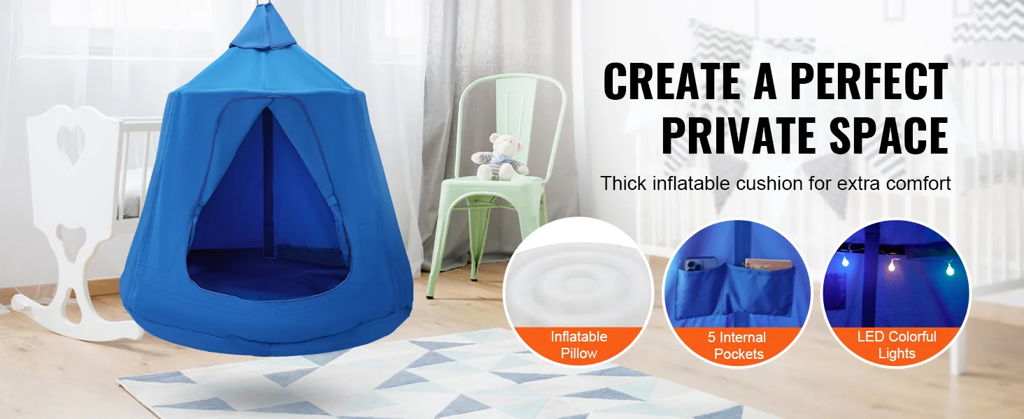 Namiot wiszący na drzewie VEVOR w przytulnym pokoju, wyposażony w nadmuchiwaną poduszkę, wewnętrzne kieszenie i światła LED.