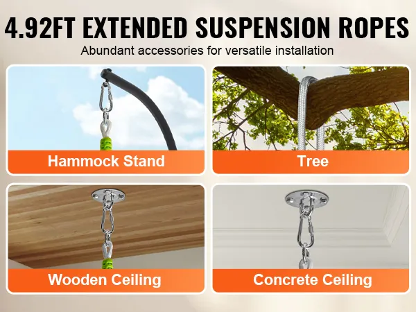 Przedłużone liny nośne o długości 4,92 stóp umożliwiają wszechstronną instalację namiotu wiszącego VEVOR na różnych powierzchniach.
