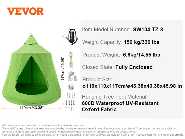 Groene VEVOR hangende boomtent met 600d waterdicht materiaal, draagvermogen van 150 kg, 117 cm hoog.