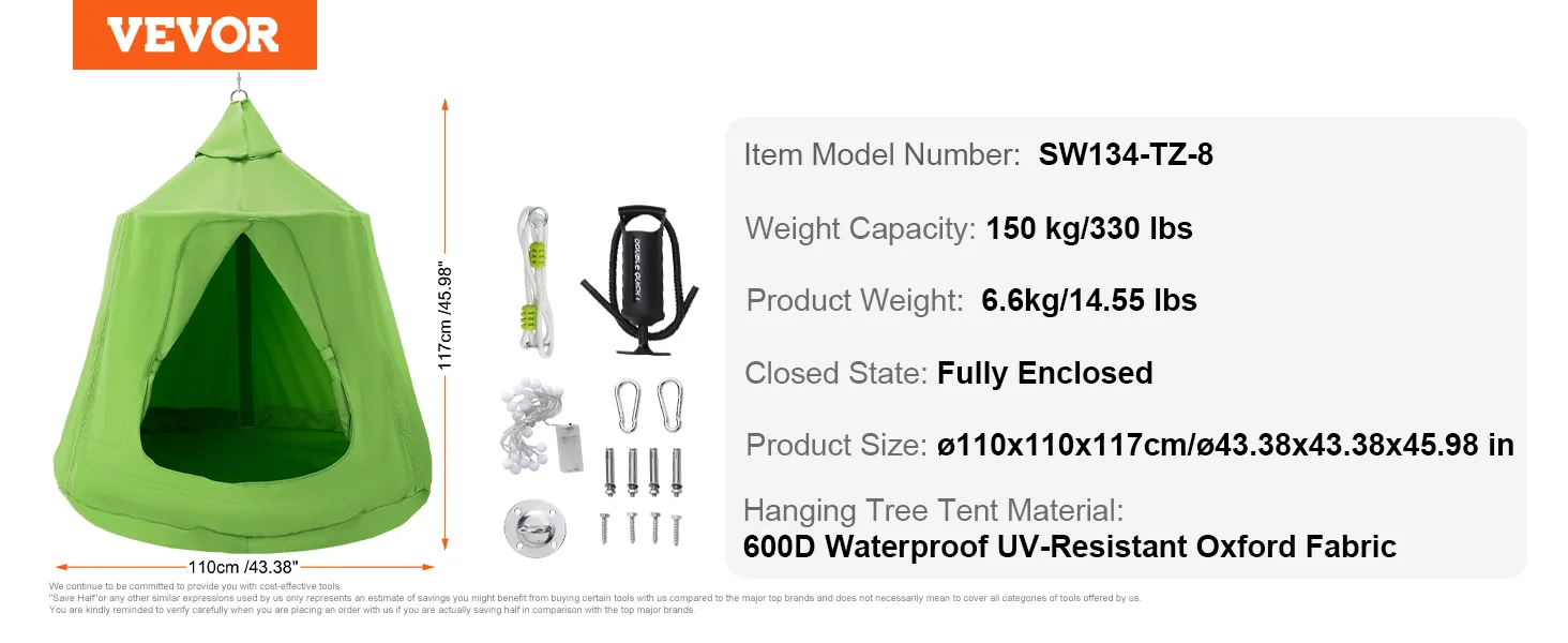 Groene VEVOR hangende boomtent met 600d waterdicht materiaal, draagvermogen van 150 kg, 117 cm hoog.