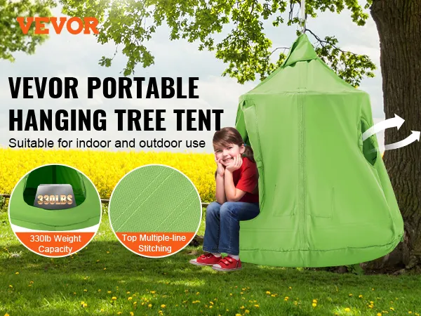 VEVOR hangende boomtent: draagvermogen van 150 kg, duurzame stiksels, veilige ophangringen, voor binnen- en buitengebruik.