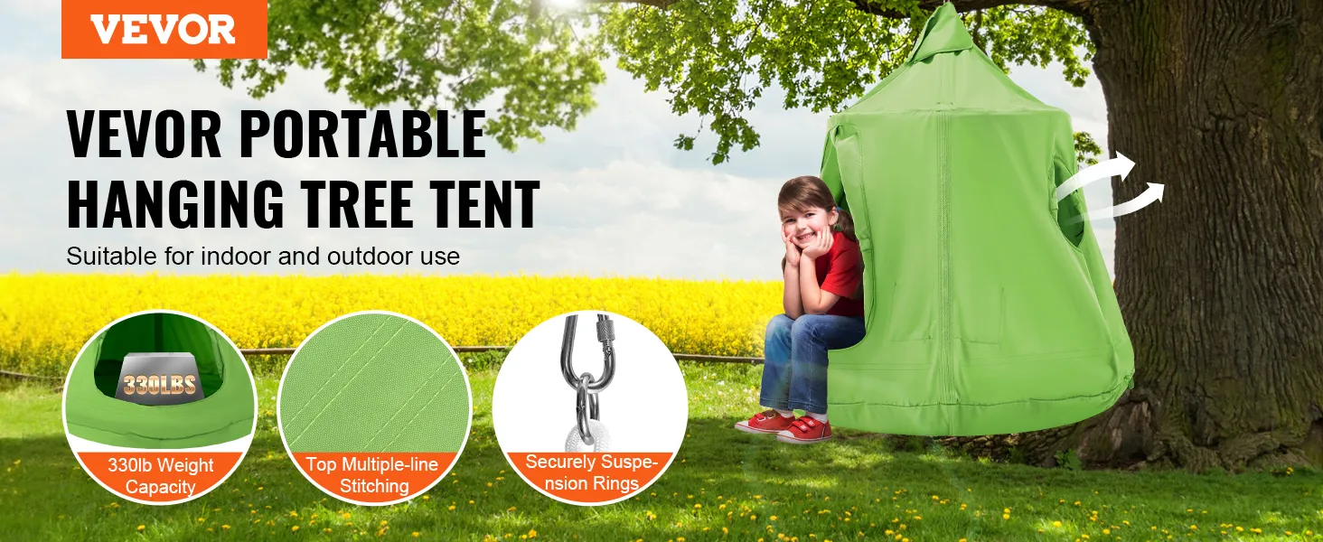 VEVOR hangende boomtent: draagvermogen van 150 kg, duurzame stiksels, veilige ophangringen, voor binnen- en buitengebruik.