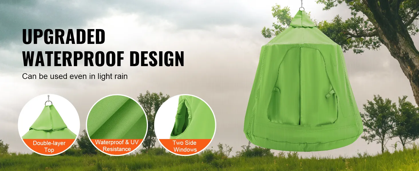VEVOR hangende boomtent met verbeterd waterdicht ontwerp, dubbellaags bovenblad en twee zijramen.