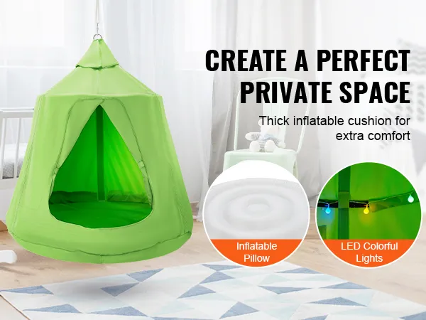 VEVOR hangende boomtent in het groen met opblaaskussen, binnenzakken en kleurrijke led-verlichting.