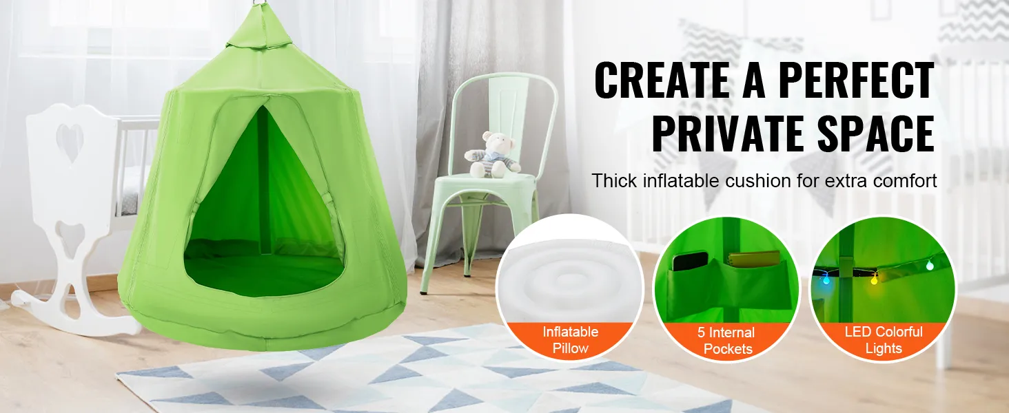 VEVOR hangende boomtent in het groen met opblaaskussen, binnenzakken en kleurrijke led-verlichting.