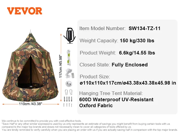 VEVOR hanging tree tent with 600d waterproof uv-resistant oxford fabric, weight capacity 330 lbs.