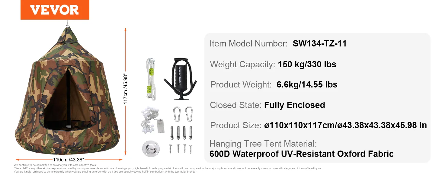 VEVOR hanging tree tent with 600d waterproof uv-resistant oxford fabric, weight capacity 330 lbs.