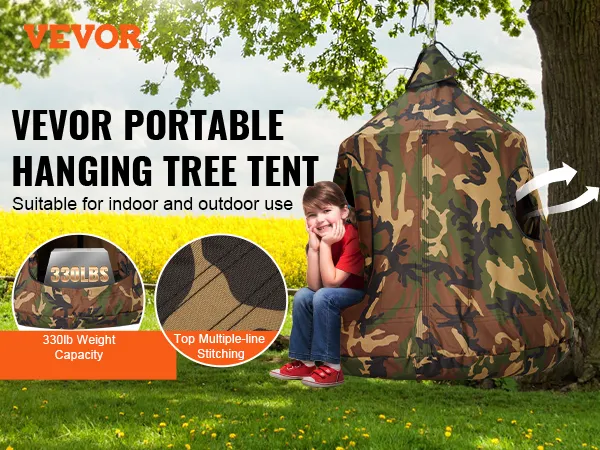 VEVOR portable hanging tree tent with camouflage design, 330lb capacity, and secure suspension rings.