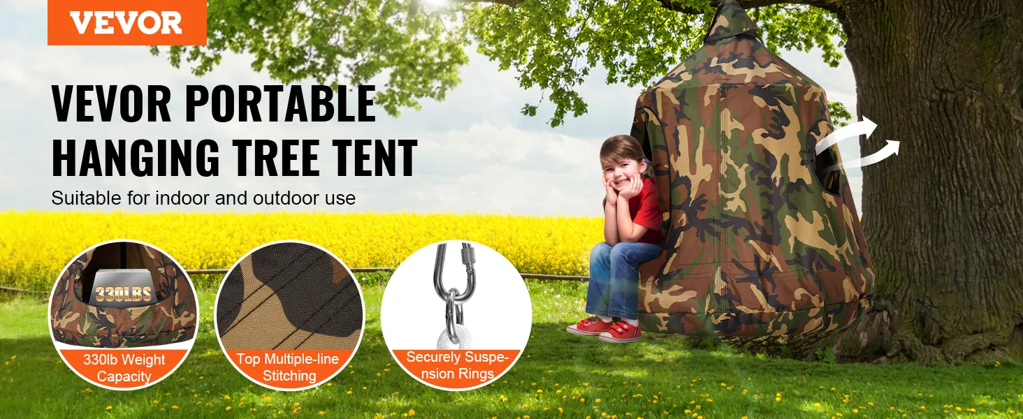 VEVOR portable hanging tree tent with camouflage design, 330lb capacity, and secure suspension rings.