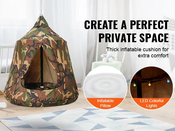 VEVOR hanging tree tent in a cozy room with inflatable pillow, internal pockets, and colorful led lights.