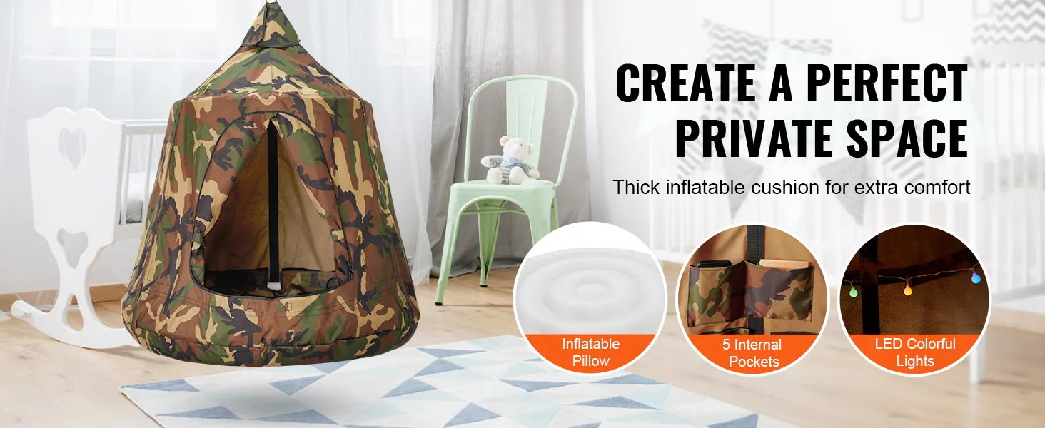 VEVOR hanging tree tent in a cozy room with inflatable pillow, internal pockets, and colorful led lights.