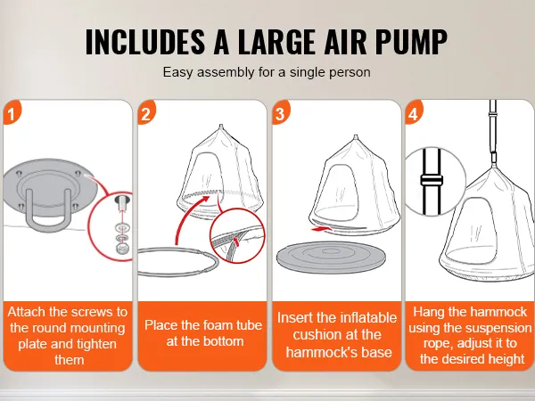 easy assembly steps for VEVOR hanging tree tent with air pump: mounting plate, foam tube, cushion, and rope.