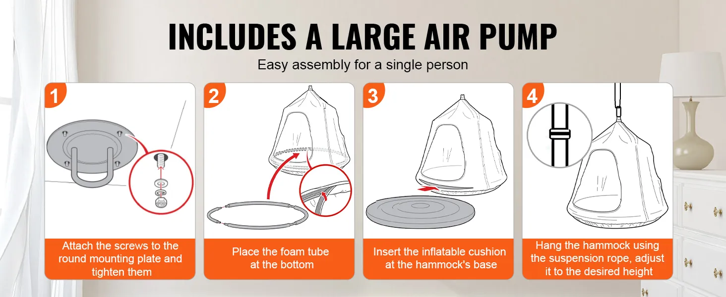 easy assembly steps for VEVOR hanging tree tent with air pump: mounting plate, foam tube, cushion, and rope.