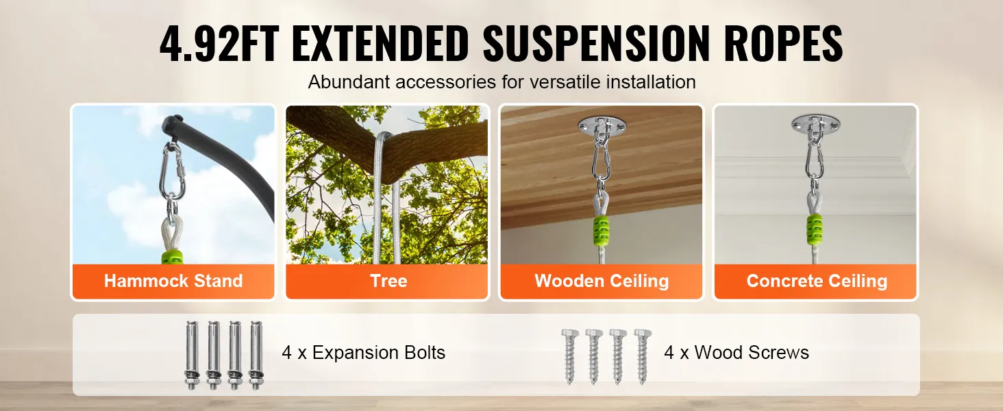 4.92ft extended suspension ropes showcasing versatile installation options for VEVOR hanging tree tent.