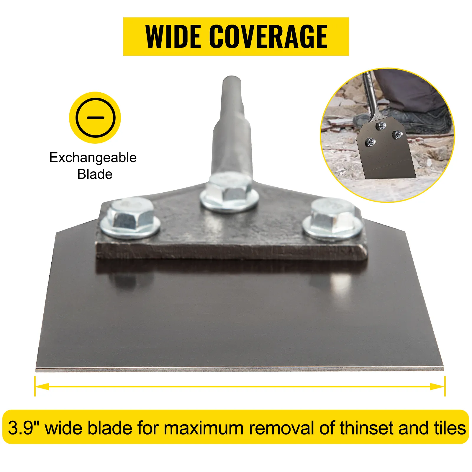 VEVOR clay spade with 3.9" wide exchangeable blade for removing thinset and tiles.
