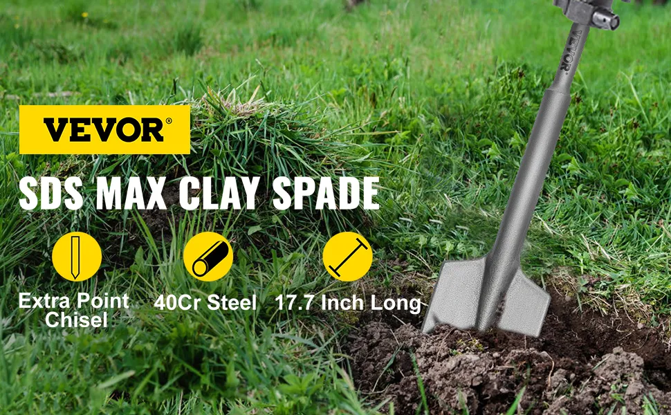 VEVOR sds max clay spade digging in grass, highlighting extra point chisel, 40cr steel.