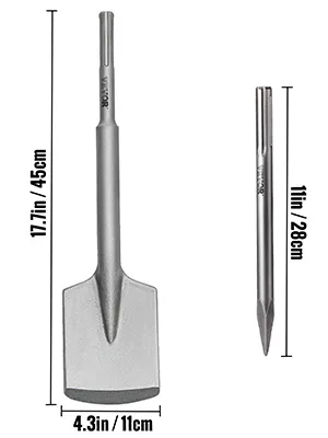 VEVOR sds max clay spade and chisel set with dimensions in inches and cm.