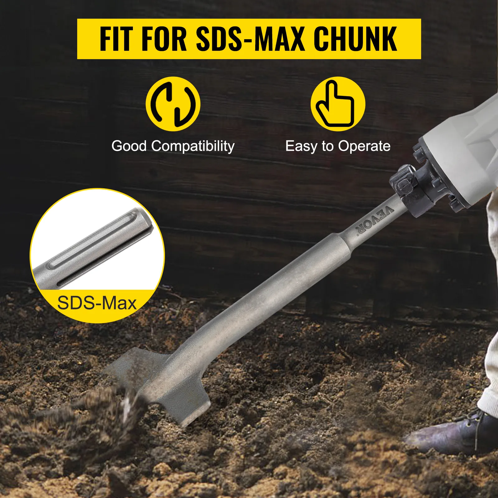 VEVOR sds max clay spade in use with easy to operate and good compatibility signs.