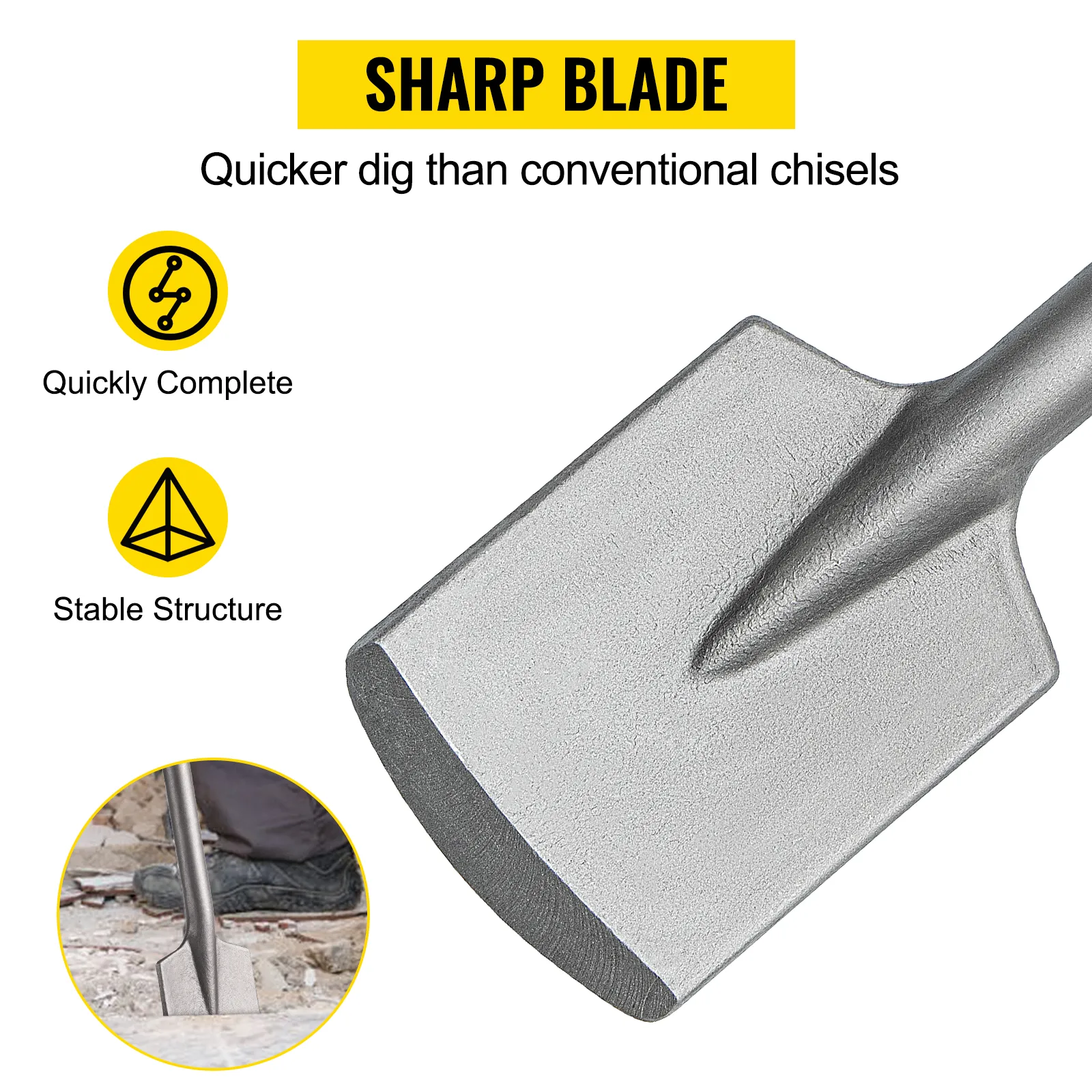 VEVOR sds max clay spade with sharp blade for quicker digs than conventional chisels.