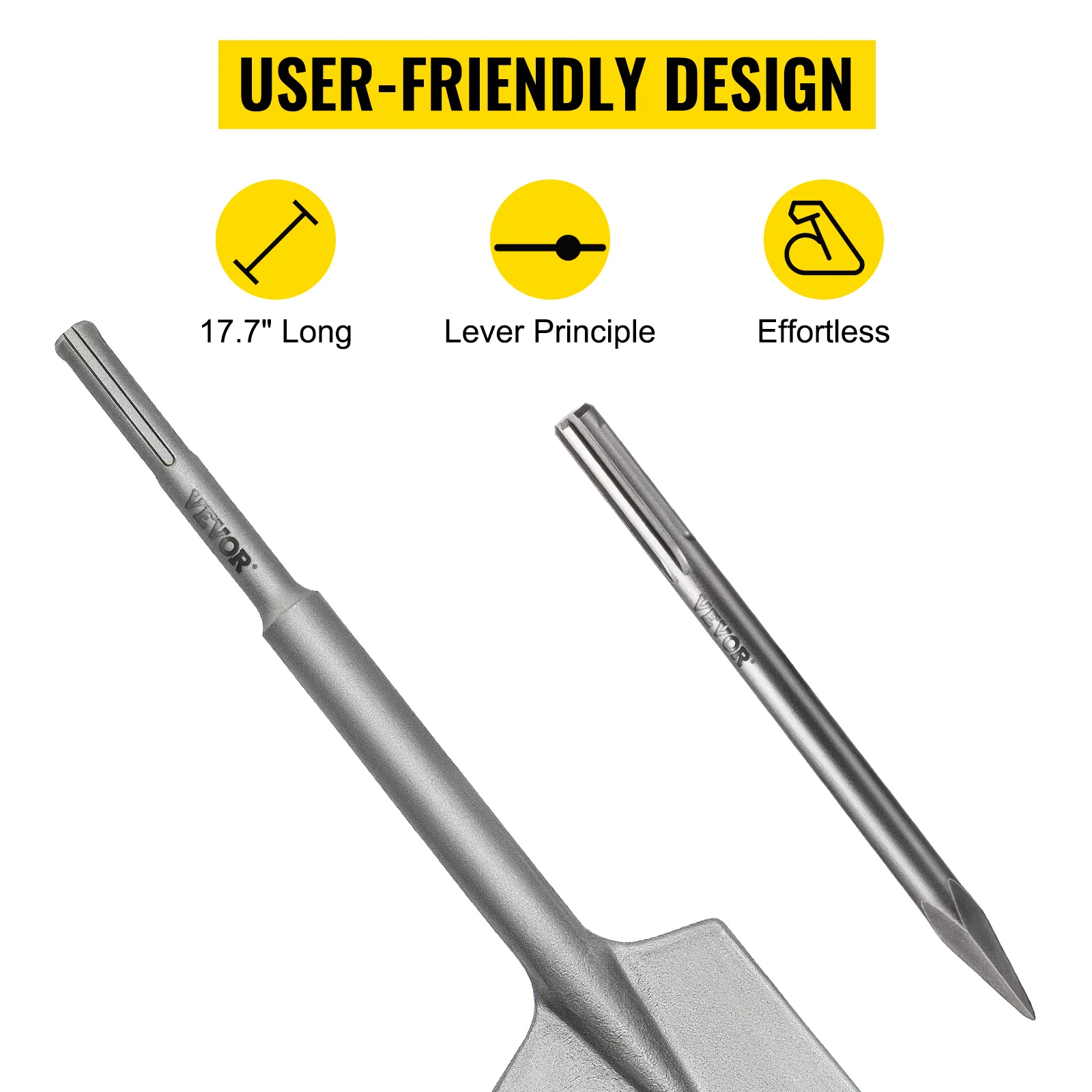 VEVOR sds max clay spade, 17.7" long, lever principle, effortless use.