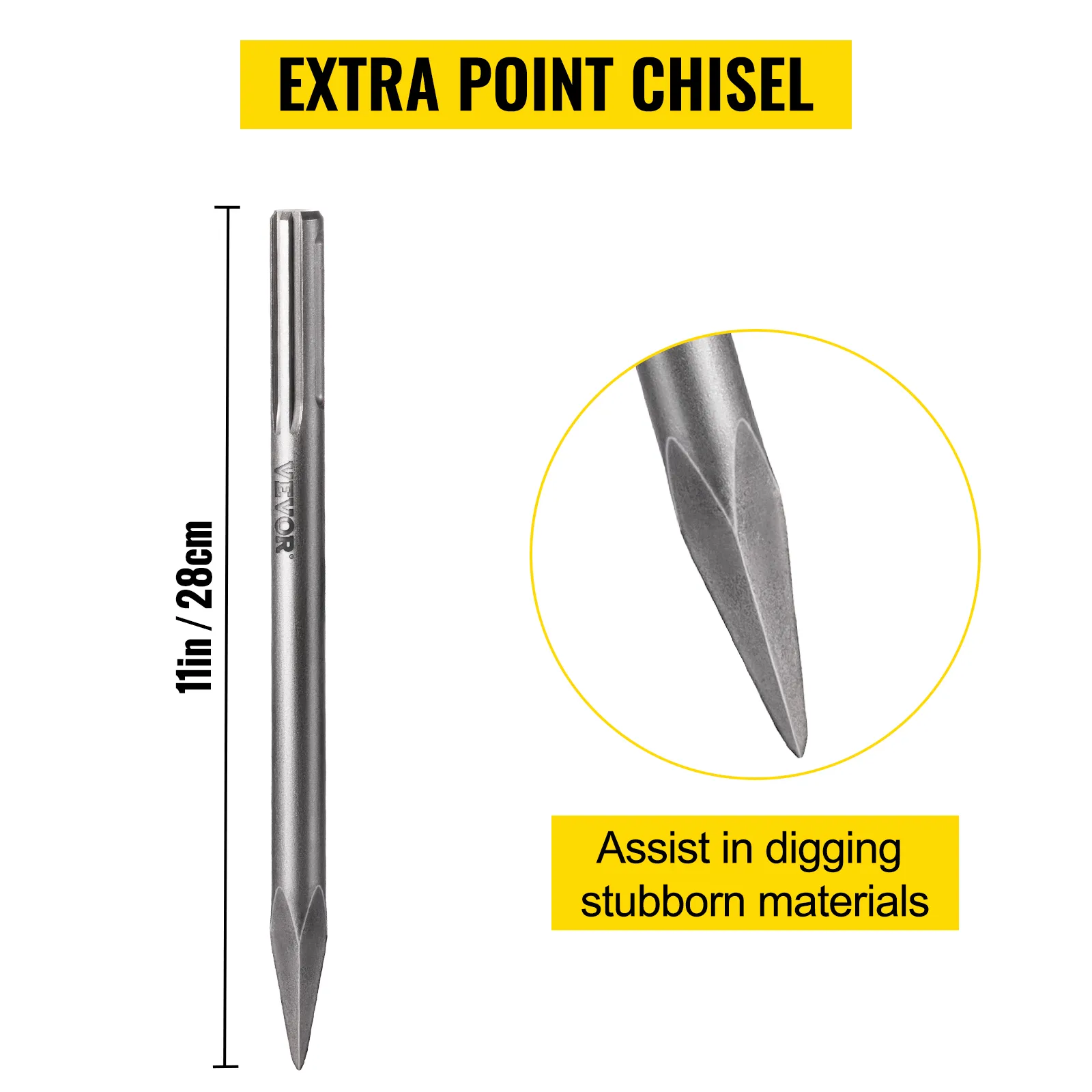 VEVOR sds max clay spade, extra point chisel, 11in/28cm for digging tough materials.
