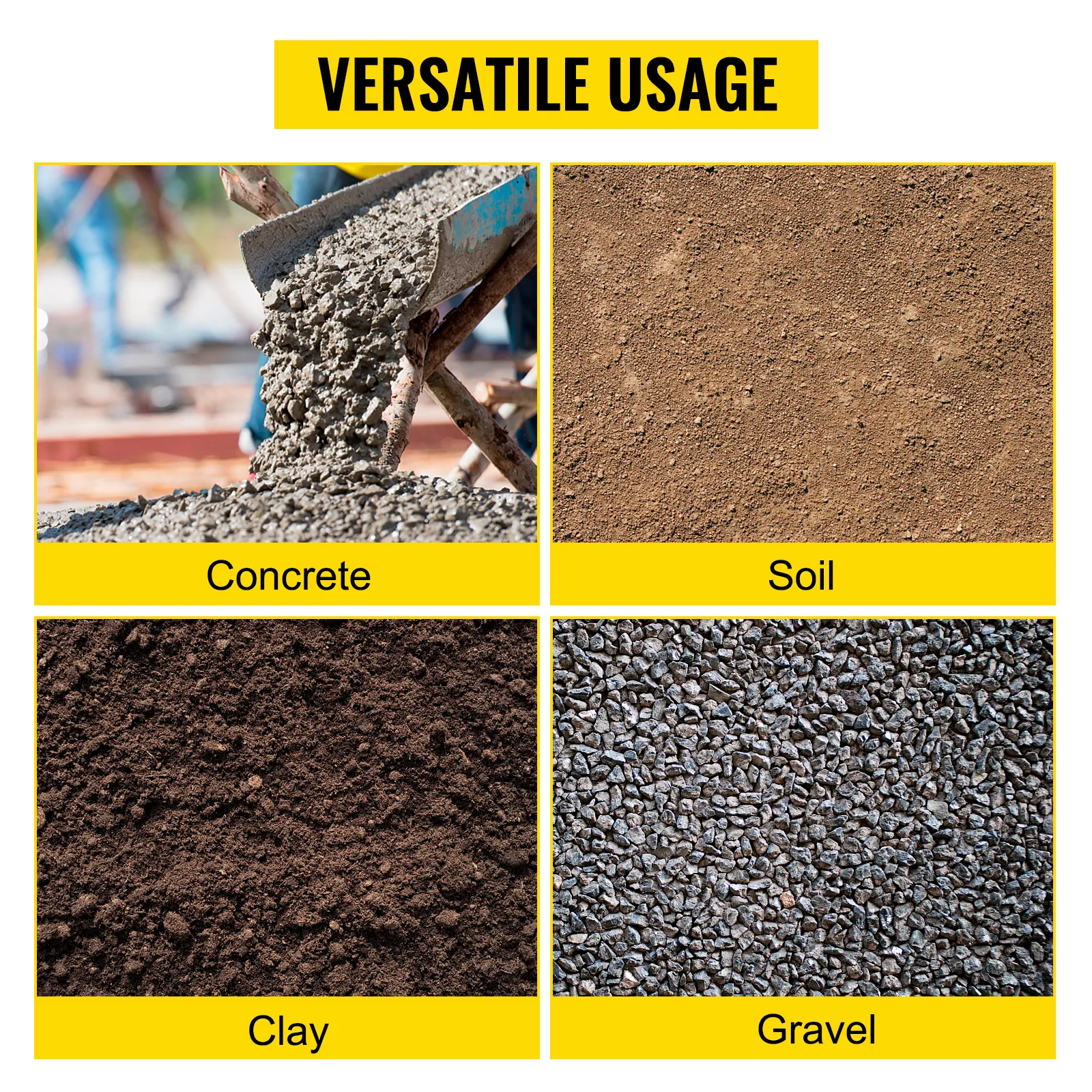 versatile usage – concrete, soil, clay, and gravel displayed. VEVOR sds max clay spade.