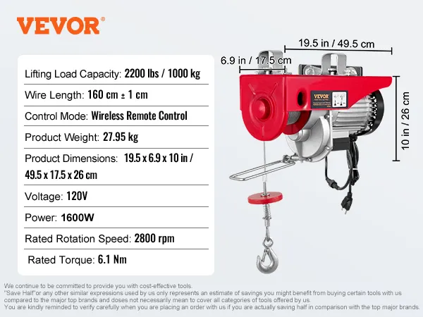 VEVOR 2200 lbs wireless attic lift with 1600w motor, 160 cm wire, wireless control, and 120v voltage.