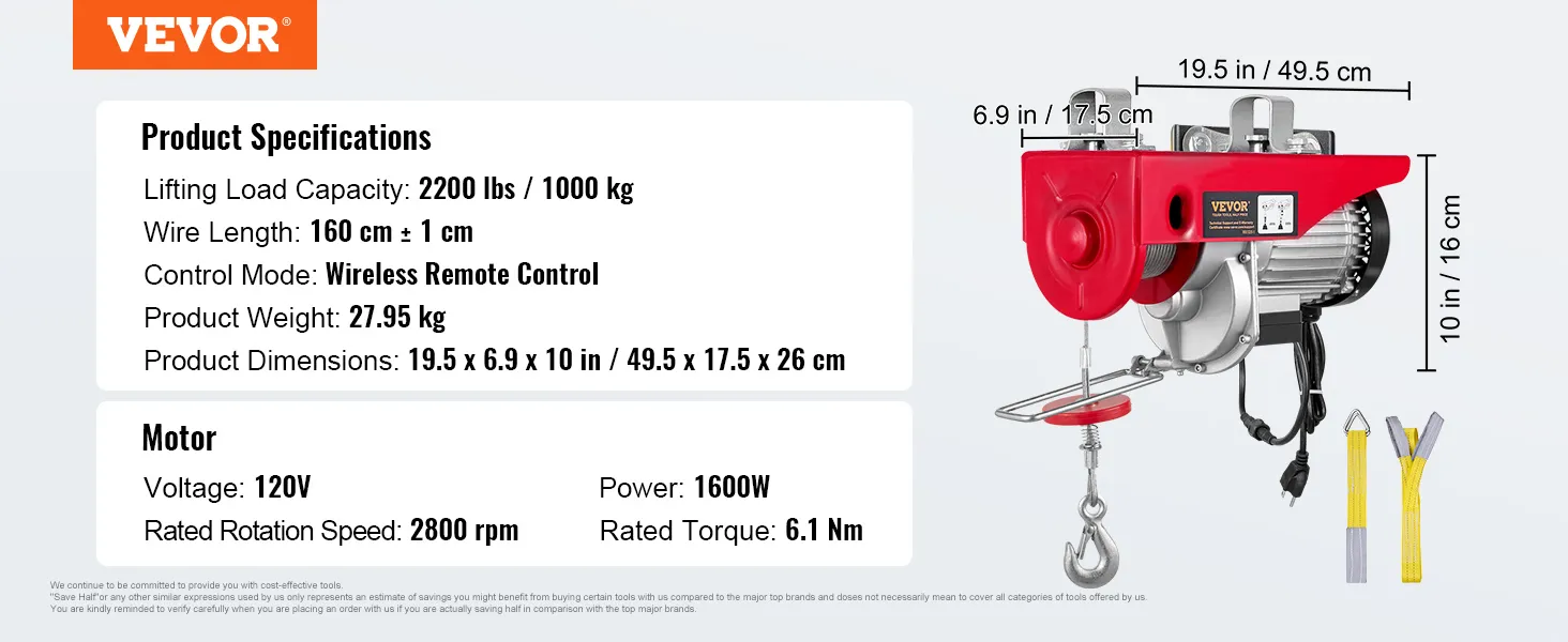 VEVOR 2200 lbs wireless attic lift with 1600w motor, 160 cm wire, wireless control, and 120v voltage.