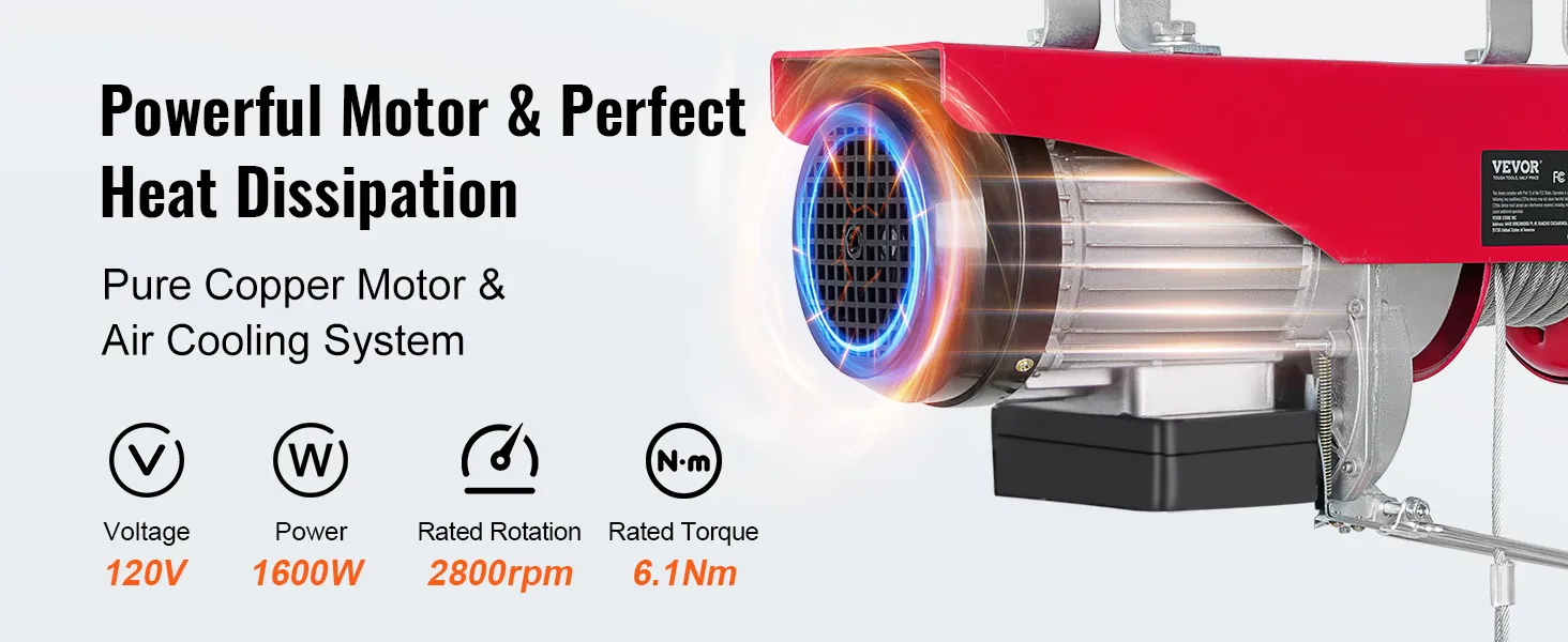 VEVOR 2200 lbs wireless attic lift with 1600w motor, 120v, 2800rpm, 6.1nm torque, efficient cooling.