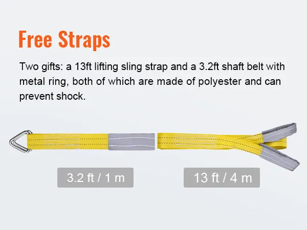 free straps for VEVOR 2200 lbs wireless attic lift: 13ft lifting sling, 3.2ft shaft belt with metal ring.