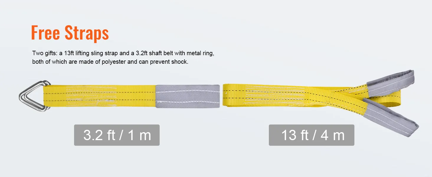 free straps for VEVOR 2200 lbs wireless attic lift: 13ft lifting sling, 3.2ft shaft belt with metal ring.