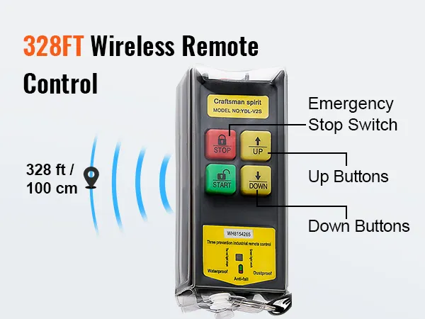 VEVOR 2200 lbs wireless attic lift remote control with 328ft range, featuring emergency stop, up, and down buttons.