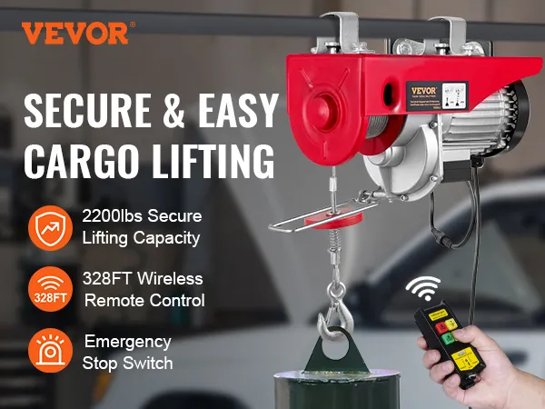 VEVOR 2200 lbs wireless attic lift with remote, secure lifting, and emergency stop switch features.