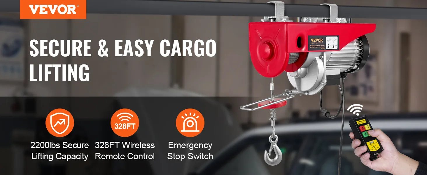 VEVOR 2200 lbs wireless attic lift with remote, secure lifting, and emergency stop switch features.
