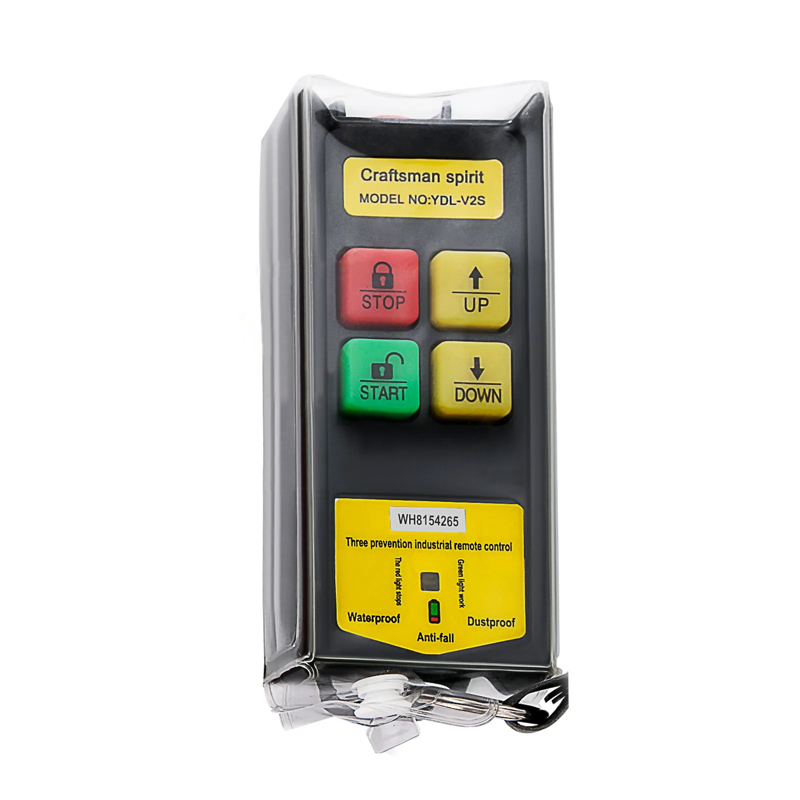 remote control for VEVOR 2200 lbs wireless attic lift with stop, up, start, and down buttons.