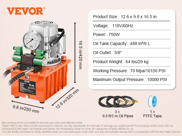 Bomba hidráulica eléctrica VEVOR, 750w 110v, tanque de 488 in³/8 l, 10.000 psi, 1x cinta de ptfe, 3x tubos de aceite.