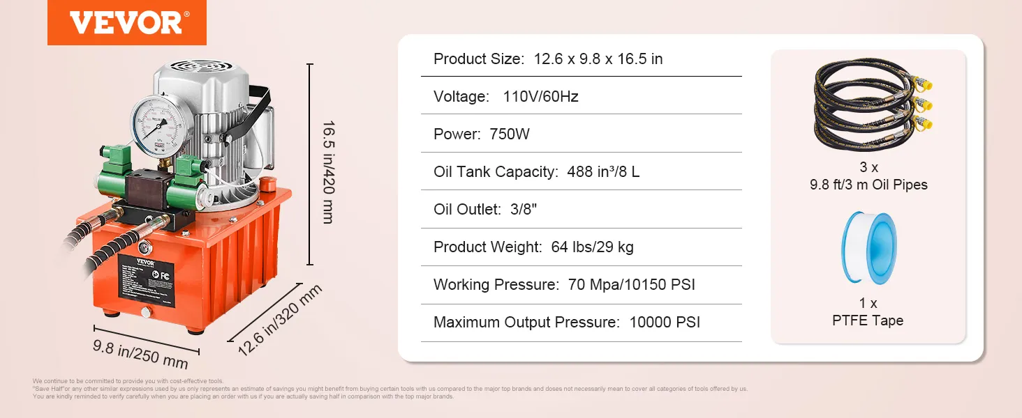 Bomba hidráulica eléctrica VEVOR, 750w 110v, tanque de 488 in³/8 l, 10.000 psi, 1x cinta de ptfe, 3x tubos de aceite.