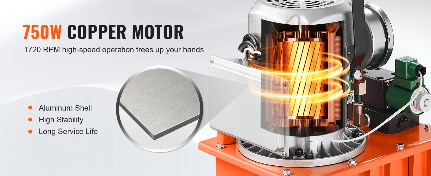 Motor de cobre de 750 W con carcasa de aluminio, alta estabilidad y larga vida útil en la bomba hidráulica eléctrica VEVOR.