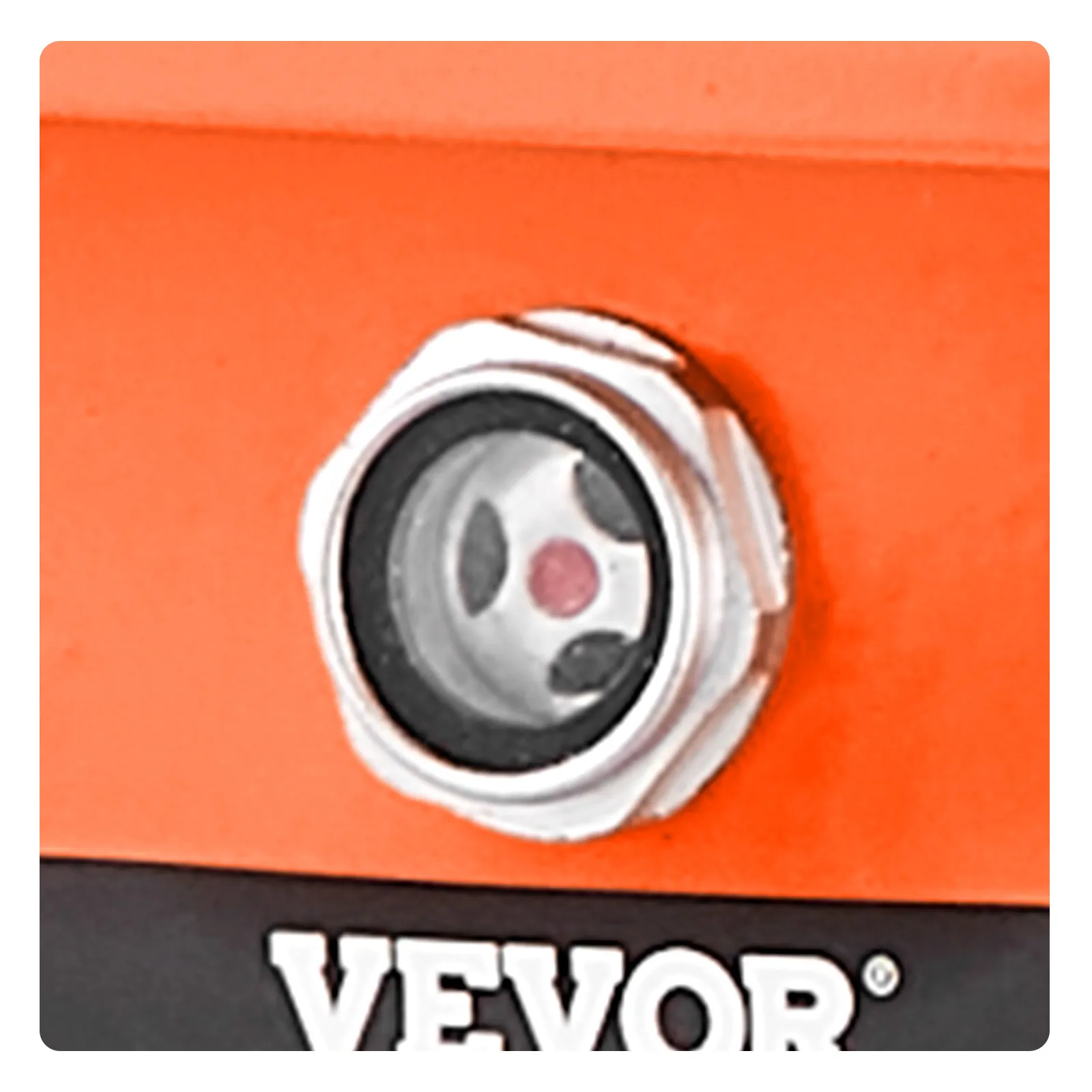 Primer plano de bomba hidráulica eléctrica VEVOR con carcasa naranja y accesorio metálico.