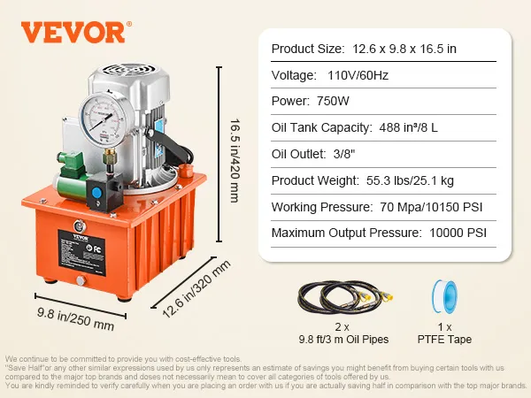 Bomba hidráulica eléctrica VEVOR con potencia de 750w, salida máxima de 10,000 psi y tuberías y cinta de ptfe incluidas.