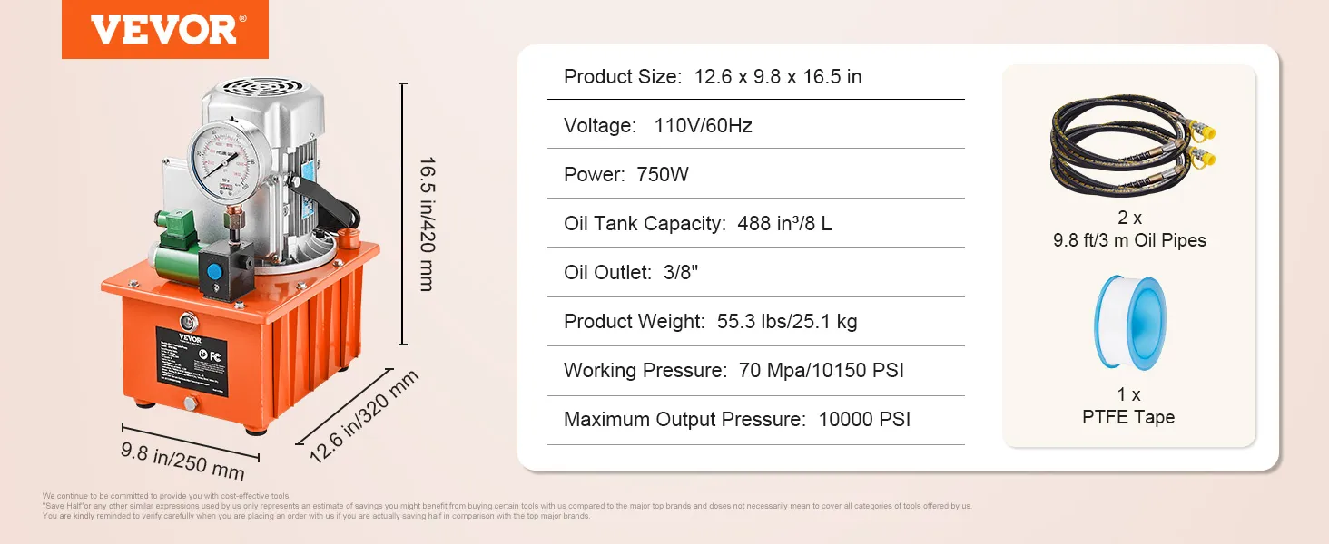 Bomba hidráulica eléctrica VEVOR con potencia de 750w, salida máxima de 10,000 psi y tuberías y cinta de ptfe incluidas.