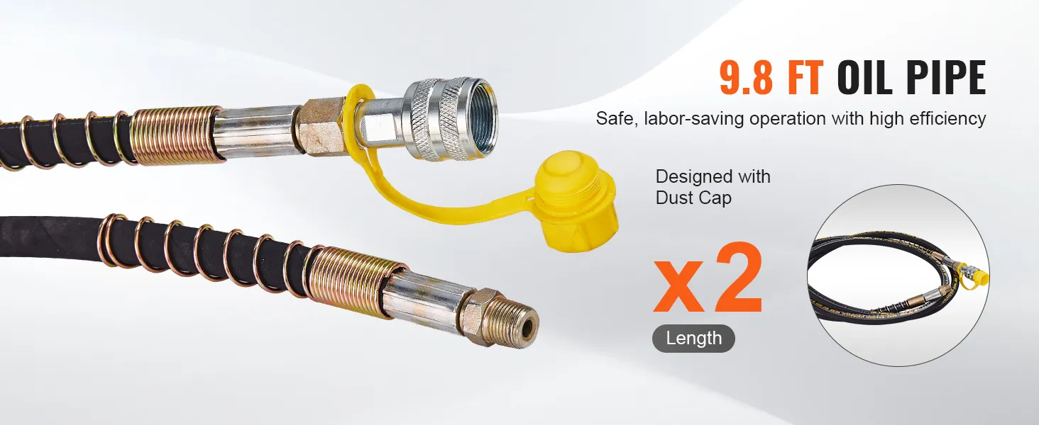 Tubo de aceite de 9,8 pies con conectores, tapas antipolvo amarillas y protección en espiral para bomba hidráulica eléctrica VEVOR.