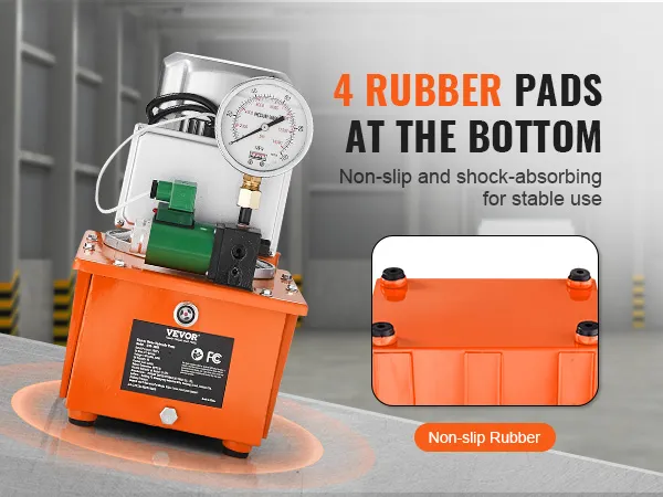 Bomba hidráulica eléctrica VEVOR con 4 almohadillas de goma antideslizantes para mayor estabilidad en entornos industriales.