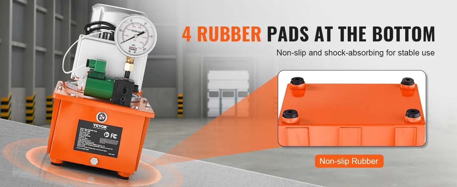 Bomba hidráulica eléctrica VEVOR con 4 almohadillas de goma antideslizantes para mayor estabilidad en entornos industriales.